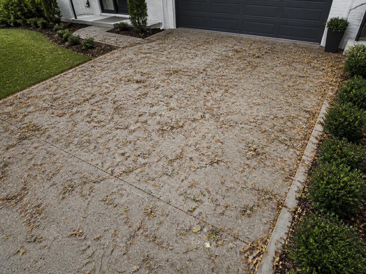 Driveway before using AirPro — covered in leaves and debris