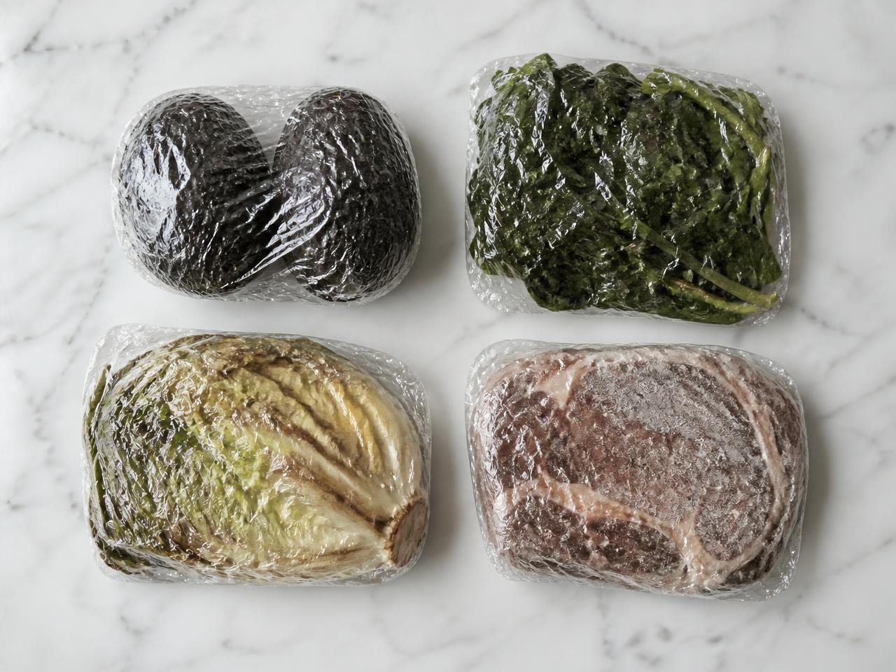 Food stored in ordinary wrap after a week — discoloured and wilted