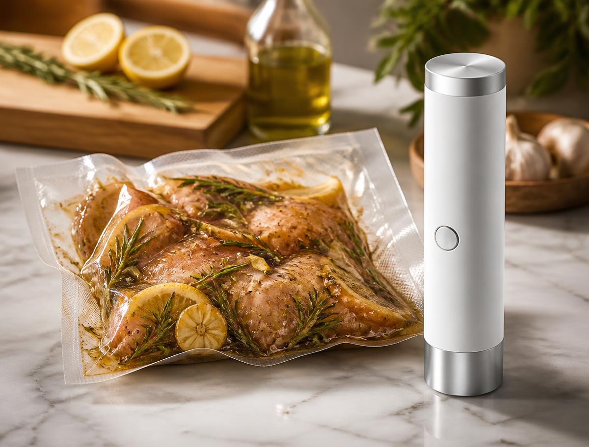 Chicken marinating inside a vacuum sealed bag