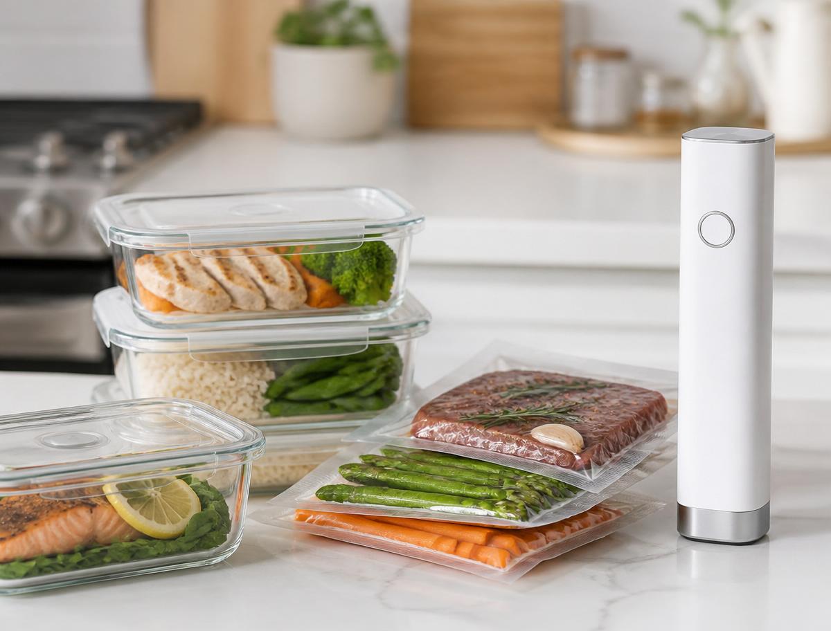 Meal-prepped portions vacuum sealed and stacked