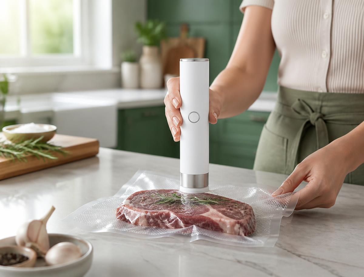 Sealing fresh steaks in a vacuum bag